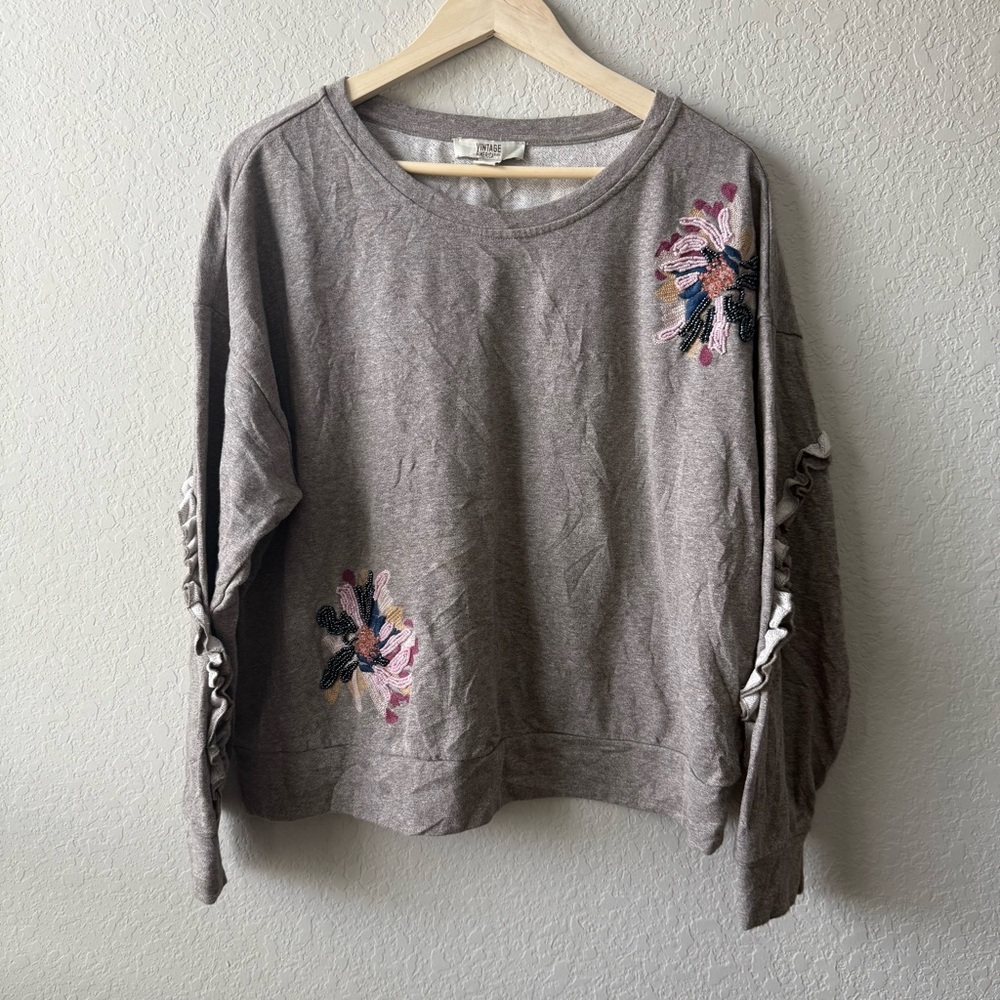 Vintage America Gray Sweatshirt with Floral Beadwork Embroidery